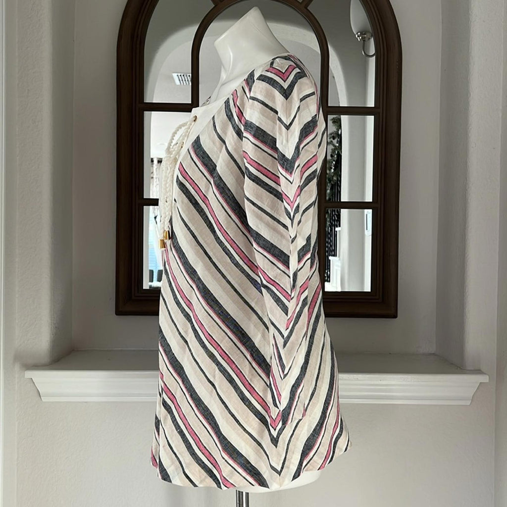 NEW Tory Burch Linen Lace-Up Diagonal Stripe Blouse, Size 12