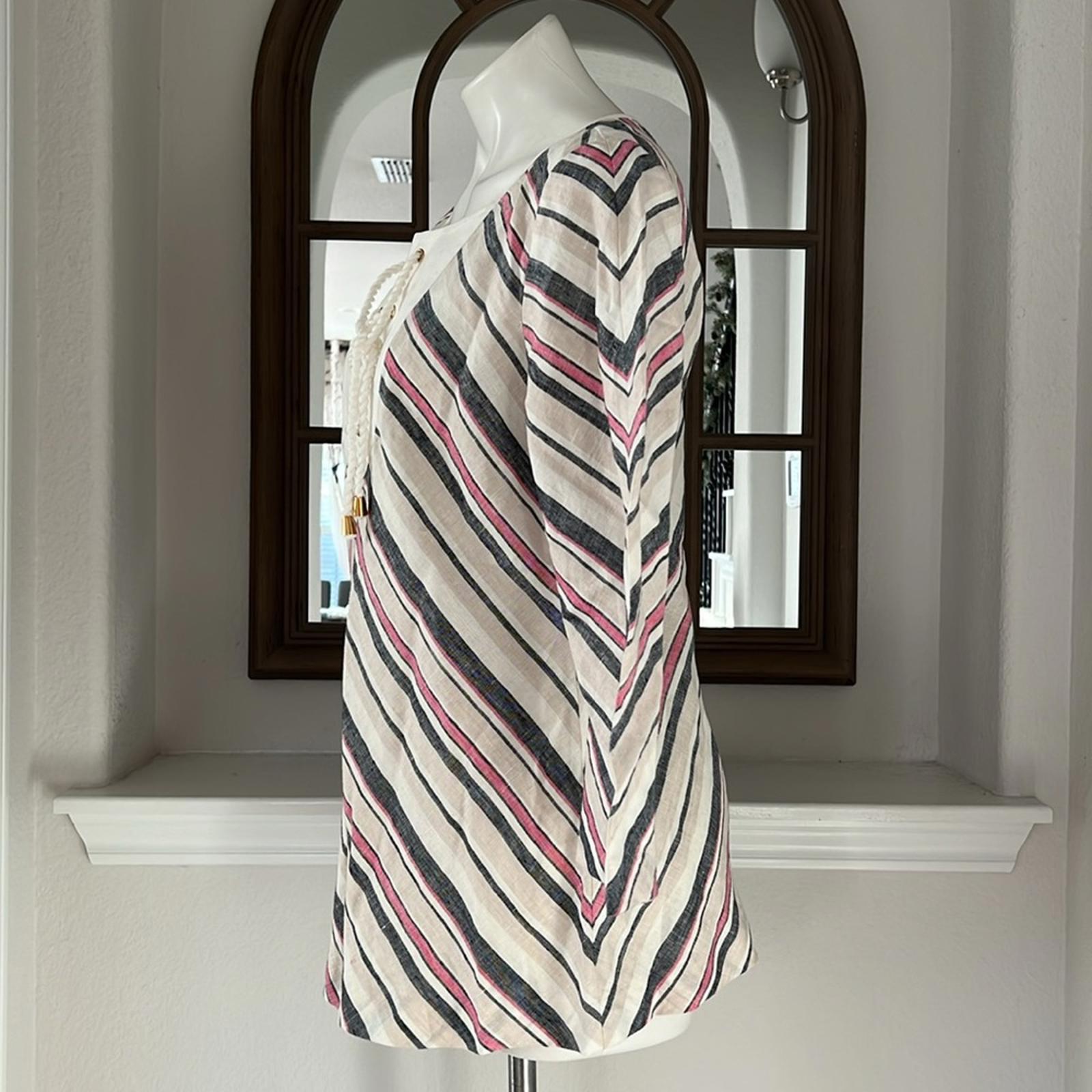 NEW Tory Burch Linen Lace-Up Diagonal Stripe Blouse, Size 12