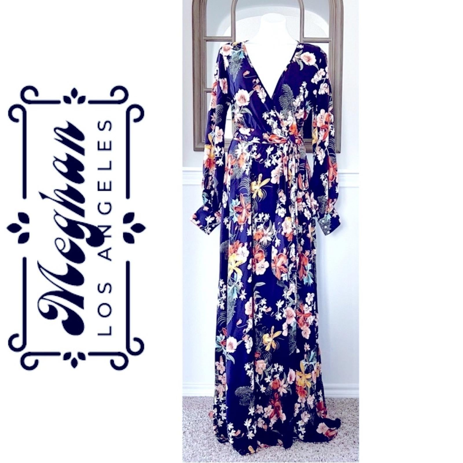 Meghan LA Floral Maxi Dress Navy Lilypad Split Neck Size XL EXCELLENT! $399