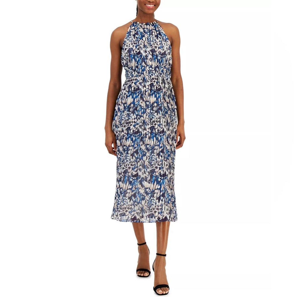 NWT Anne Klein Pleated Midi Halter Dress, Tropical Blue, Size 10 Retail $129