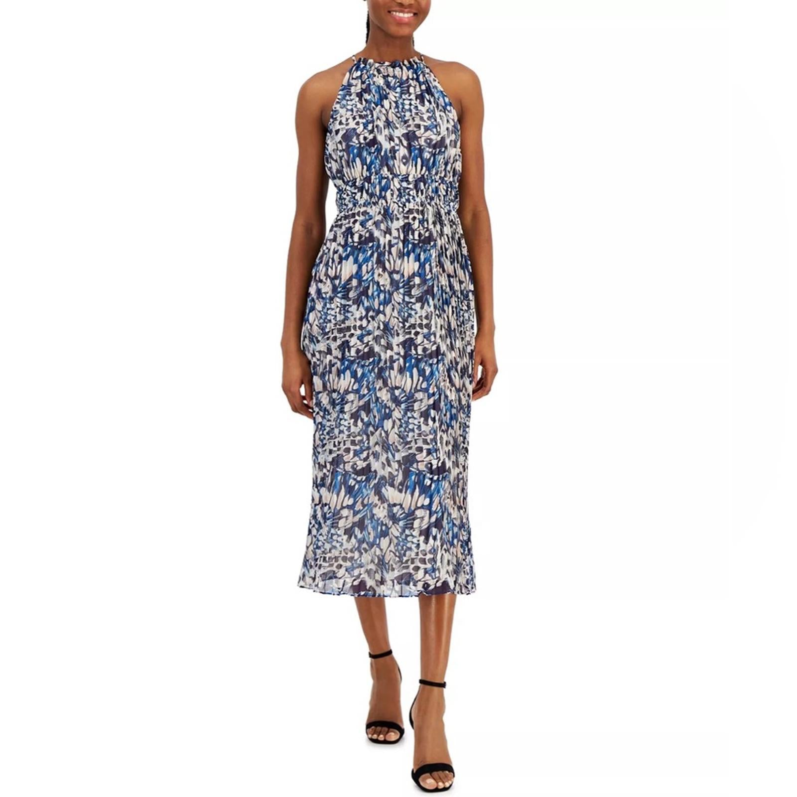 NWT Anne Klein Pleated Midi Halter Dress, Tropical Blue, Size 10 Retail $129