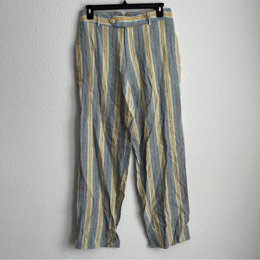 Nicholas Daley Linen Striped Trousers in Blue/Mustard, Size 34 NEW w/Tag $650