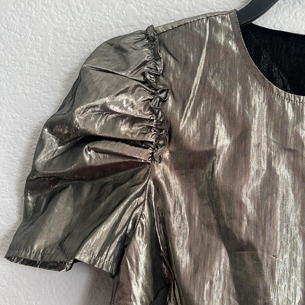 CeCe Silver Shimmer Pouf Jewel Neck Top, Size XXS, NEW