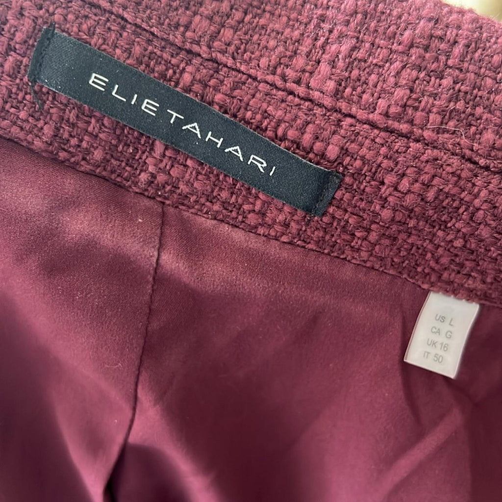 ELIE TAHARI Double Breasted Tweed Blazer in Burgundy, Size L Retail $495