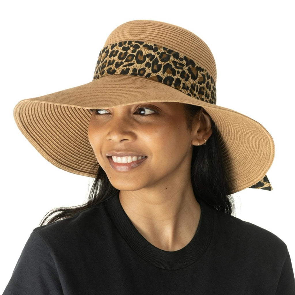 Nine West Wide Leopard Print Tie-Trim Packable Panama Hat, New w/Tag Retail $38