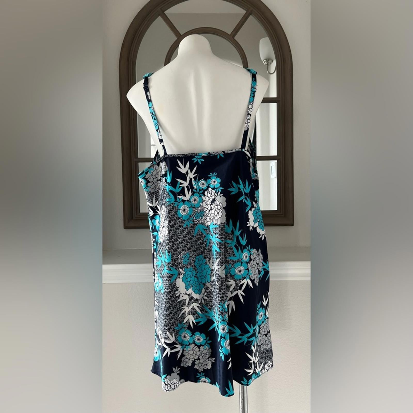 Jones NY Floral Lace Trim Lingerie Satin Sleepwear Dress, Size XL Blue Multi
