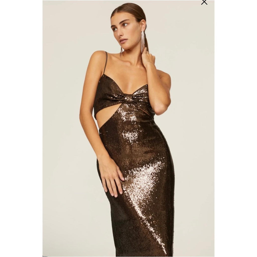 Halston Chloe Cutout Sequined Tulle Gown, Brown Size 4 New w/Tag Retail $595