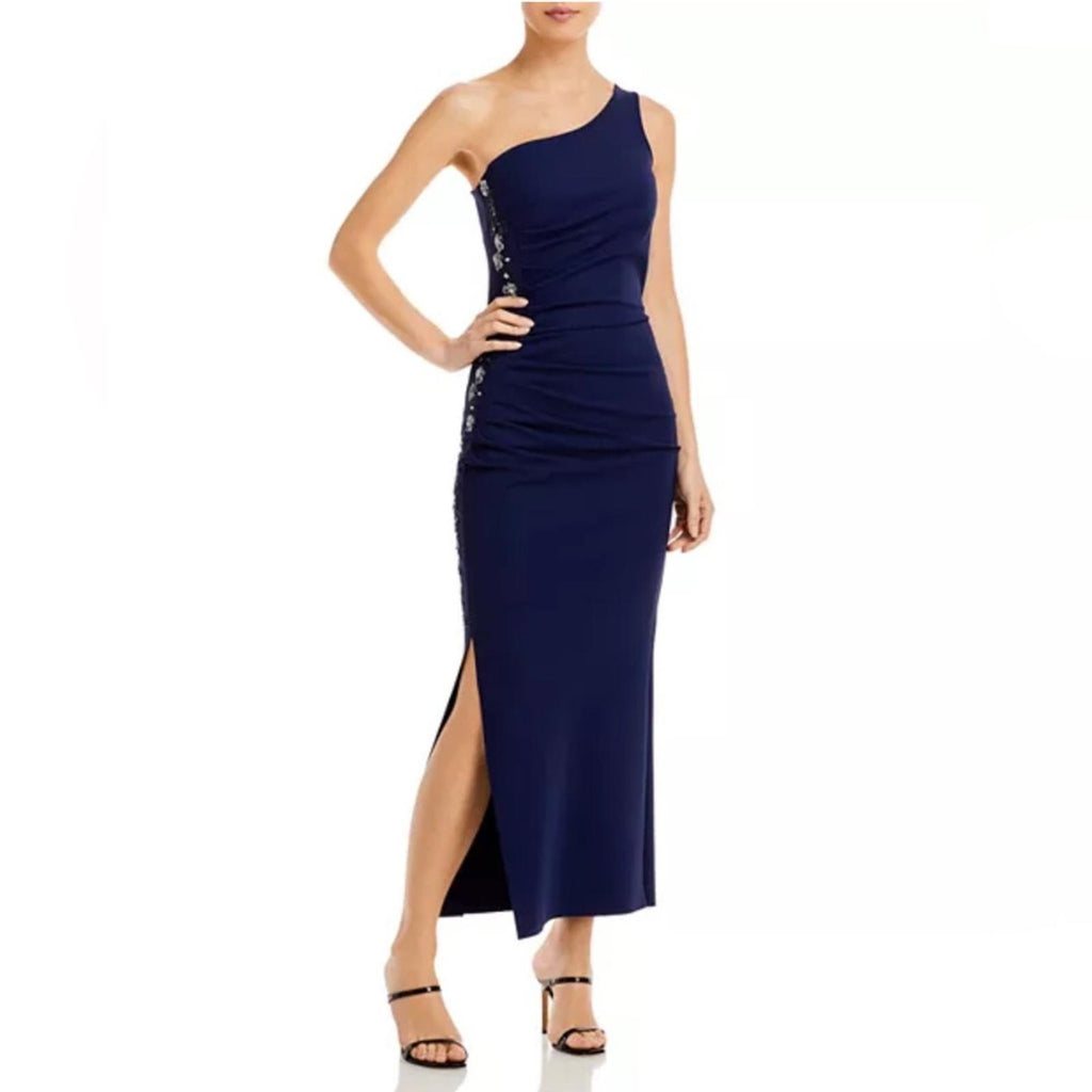 Chiara Boni NAVY Lianette One-Shoulder Beaded Trim Dress, NEW, Size 16
