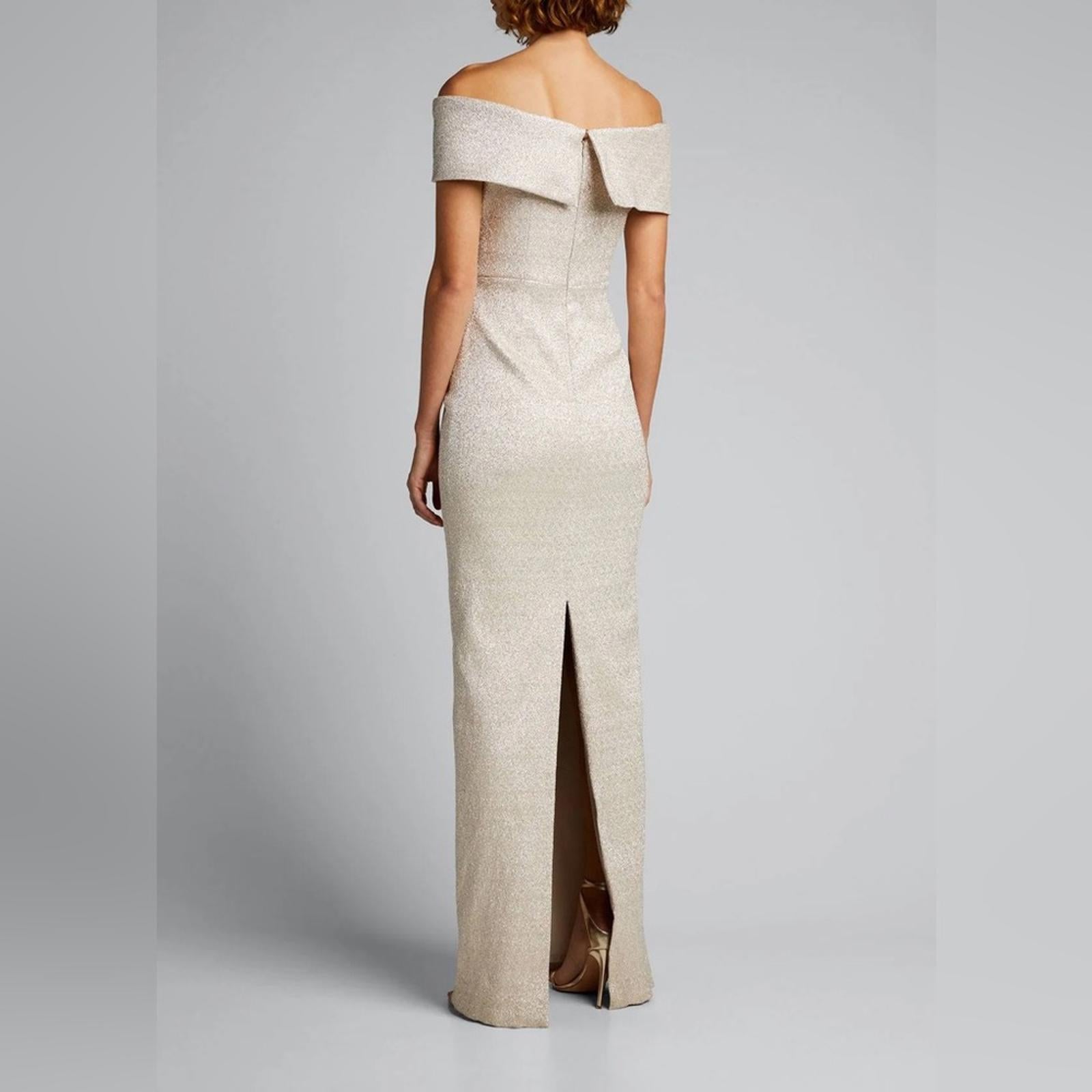 Teri Jon Metallic Jacquard Off-the-Shoulder Champagne Gown Size 4 NEW w/Tag $740