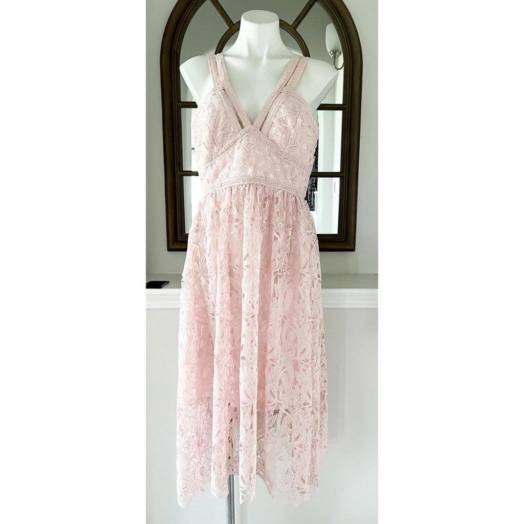 ML Monique Lhuillier Lace Halter Midi Dress in Rose Quartz NWT, Size 10