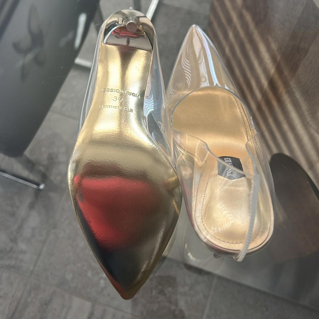 Jessica Rich Fancy Stiletto Clear Vinyl Pumps, Gold Size 39 New in Box + DustBag