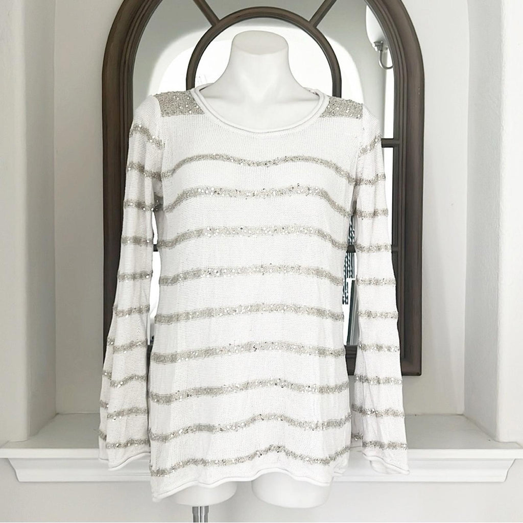 Belldini Elegant White/Silver Sequined Striped Women's Sweater Size XL EXCELLENT