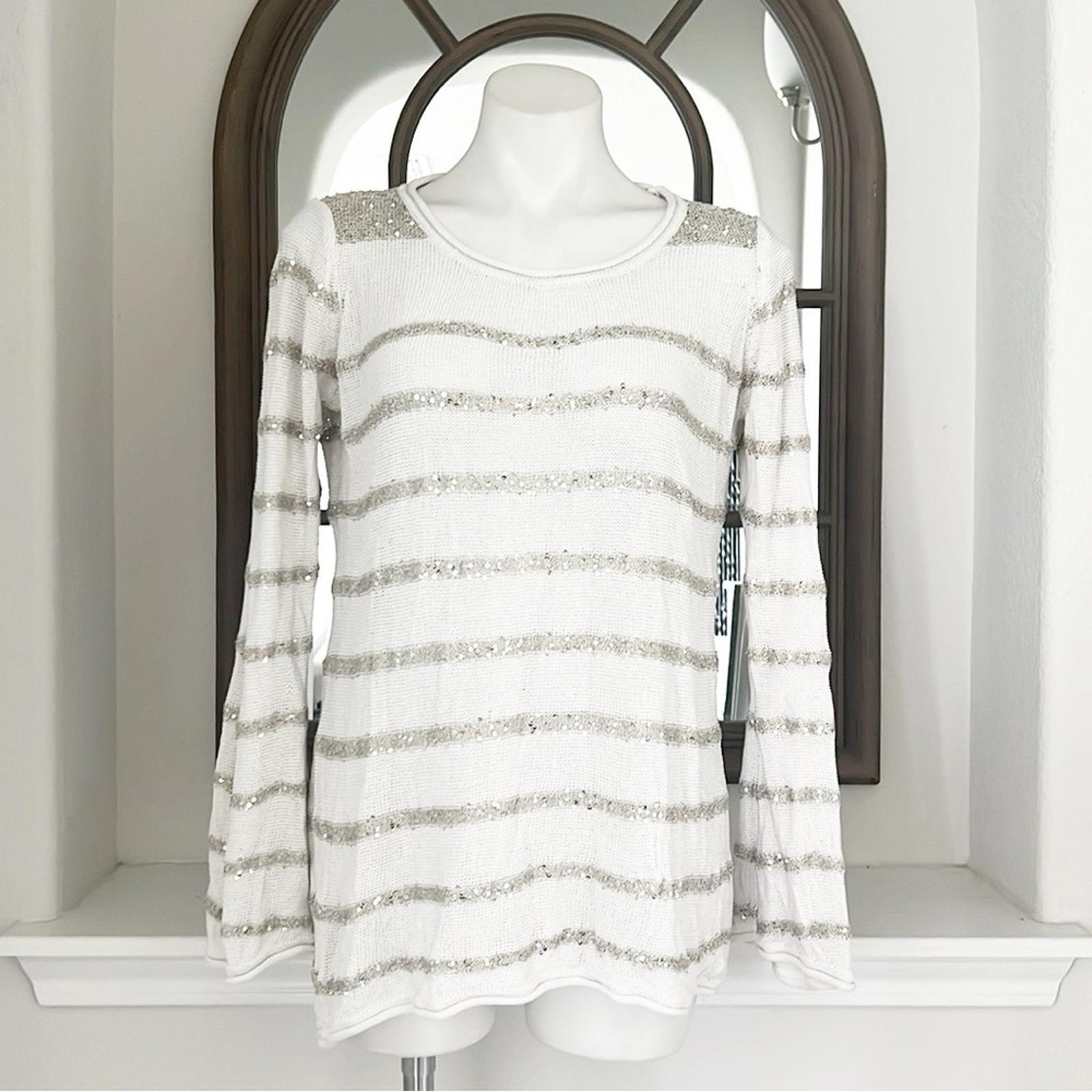Belldini Elegant White/Silver Sequined Striped Women's Sweater Size XL EXCELLENT