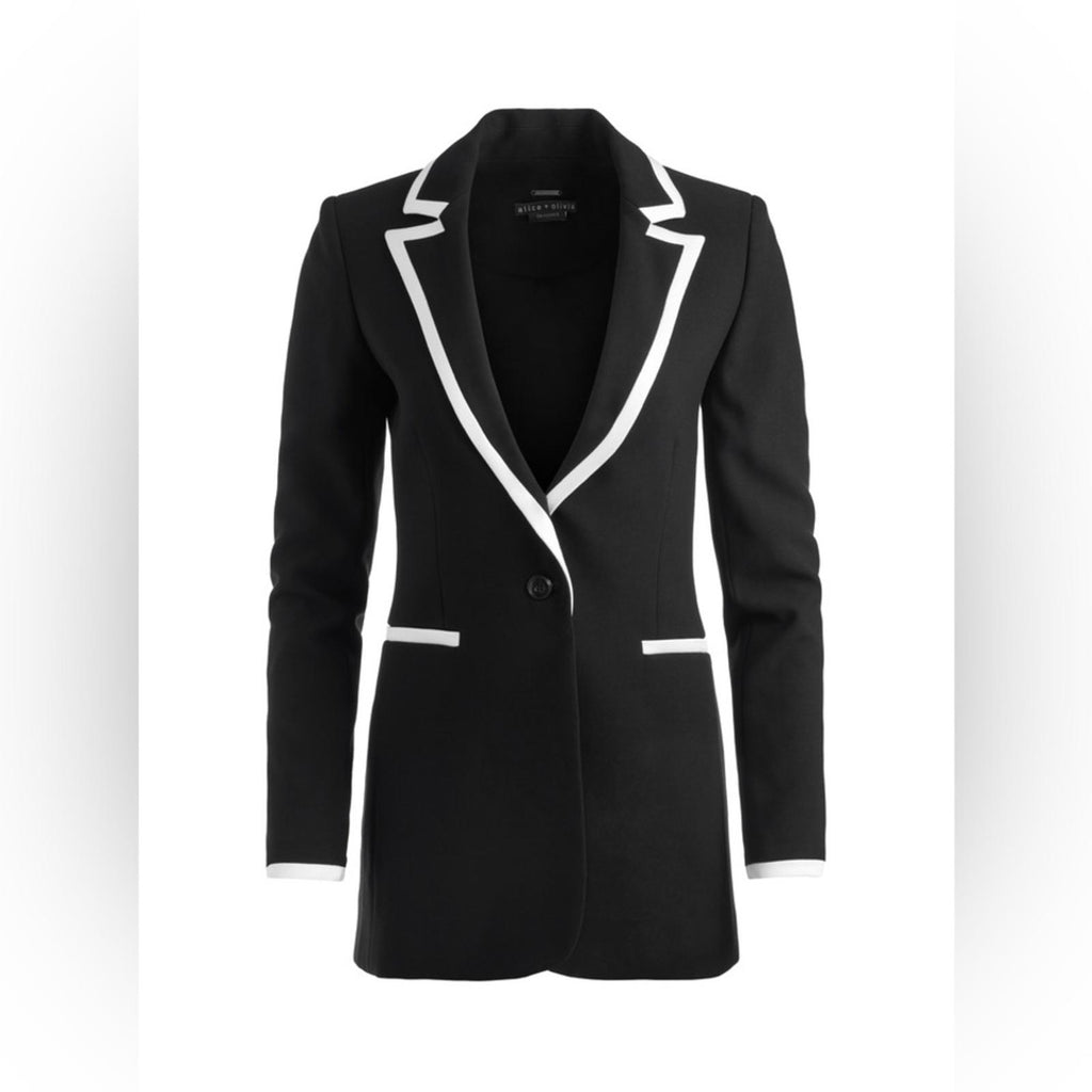 Alice + Olivia Breann Long Fitted Blazer with Piping, Black Size 4, New w/Tag