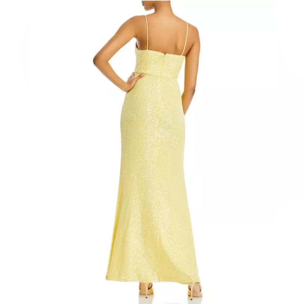 Bloomingdale’s Aqua Cutout Waist Sequin Column Gown in Yellow, Size 8 NEW $308