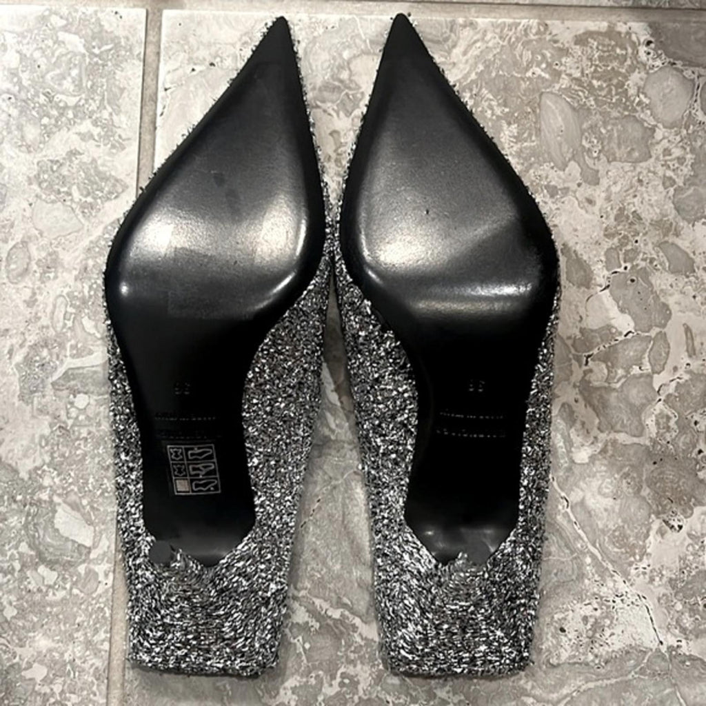Balenciaga Knife Glitter High Heel Mules in Silver Titanium Size 36 New in Box