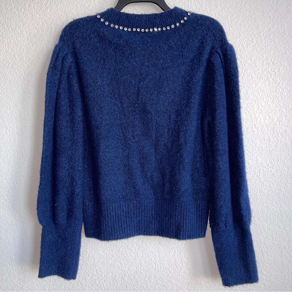 Cinq à Sept Dara Embellished Wool Sweater, Midnight Blue Size XL NEW w/Tag $325