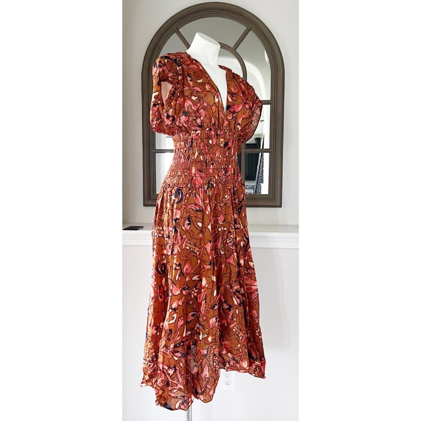 A.L.C. Lucia Floral V Neck Smocked Waist A-Line Midi Dress, Size 2 New w/Tag