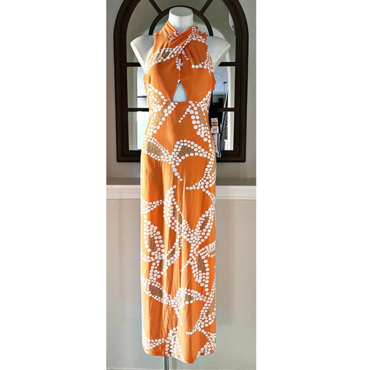 Rachel Roy Bird of Paradise Halter Maxi Dress in Orange Multi, Size S NEW $129
