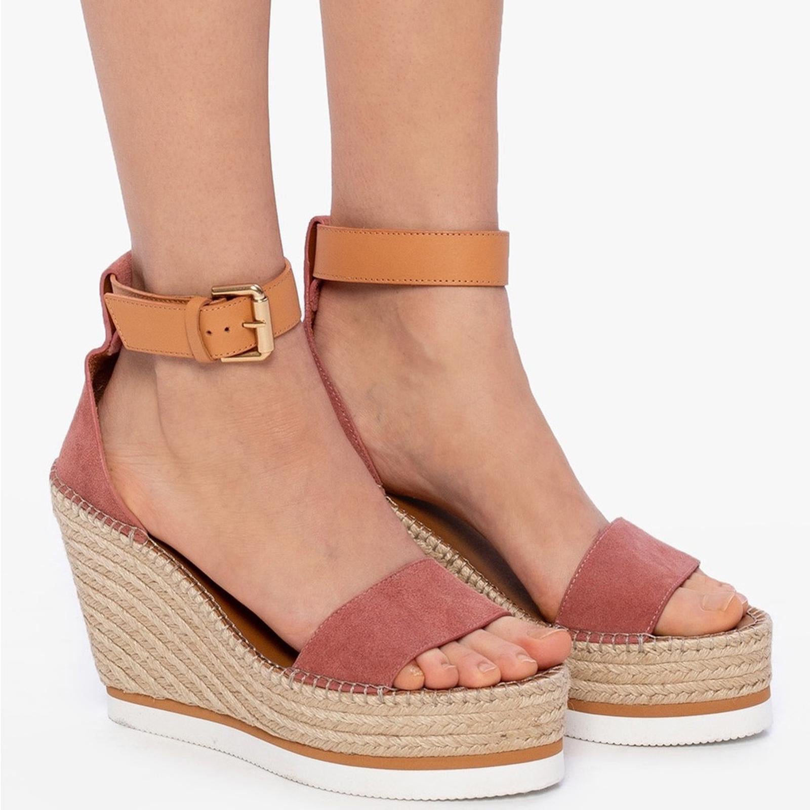 See by Chloé Glyn Calf Leather Espadrille Platform Wedge Sandals, Size 42 NWT
