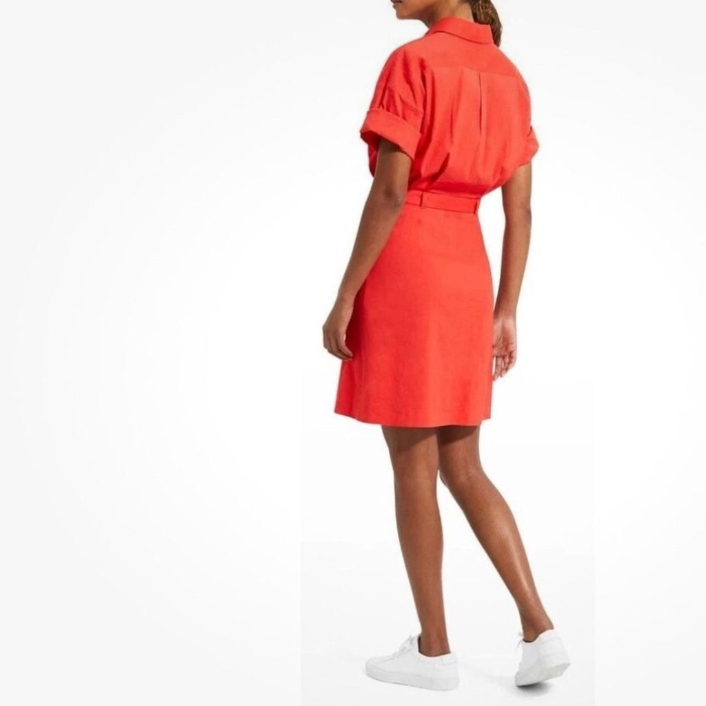 Theory Linen-Blend Eco Crunch Belted Casual Shirt Dress Poppy Red, NWT, Size 4
