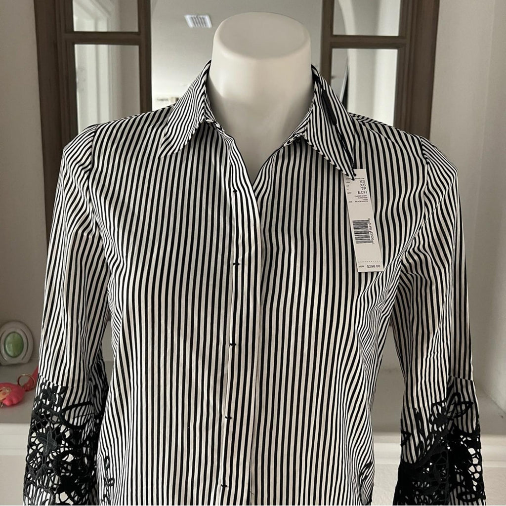 Ellie Tahari Clark Shirt Striped Lace Trim in Black & White New w/Tag $298