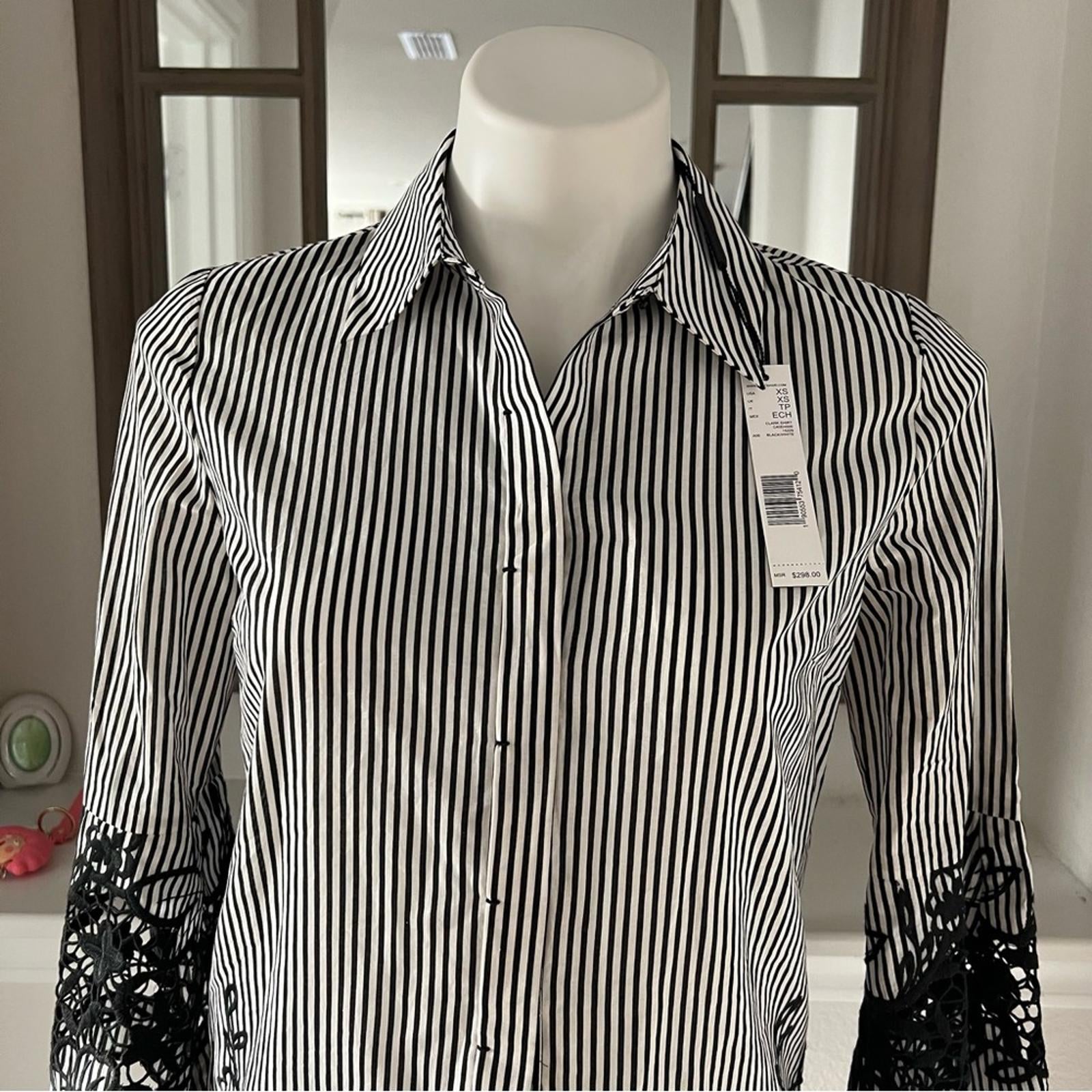 Ellie Tahari Clark Shirt Striped Lace Trim in Black & White New w/Tag $298