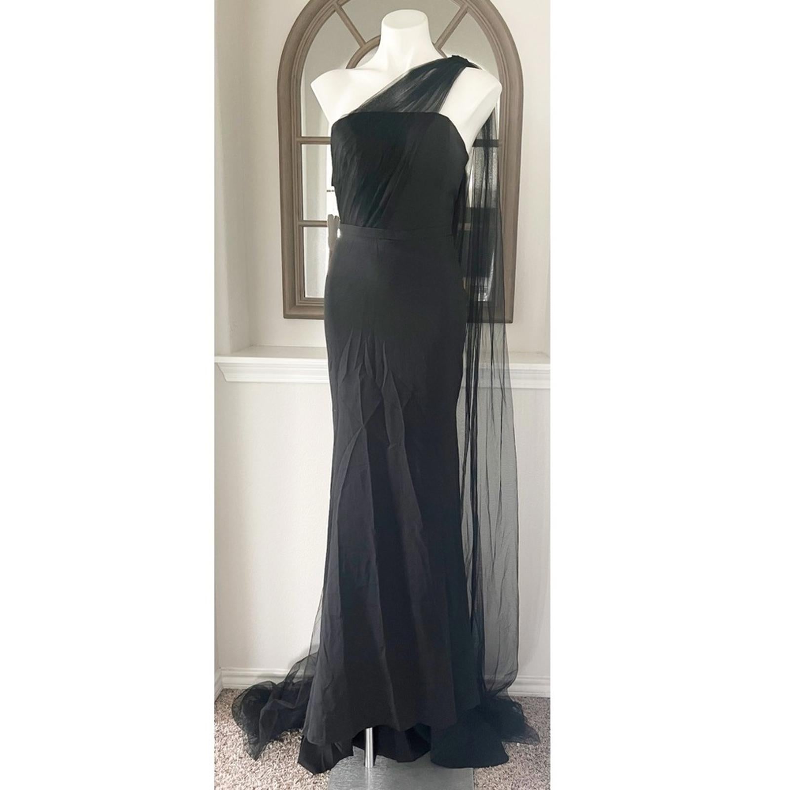 HEBEOS Sheath Stretch Crepe Ruched One-Shoulder Sweep/Train Dress, Black