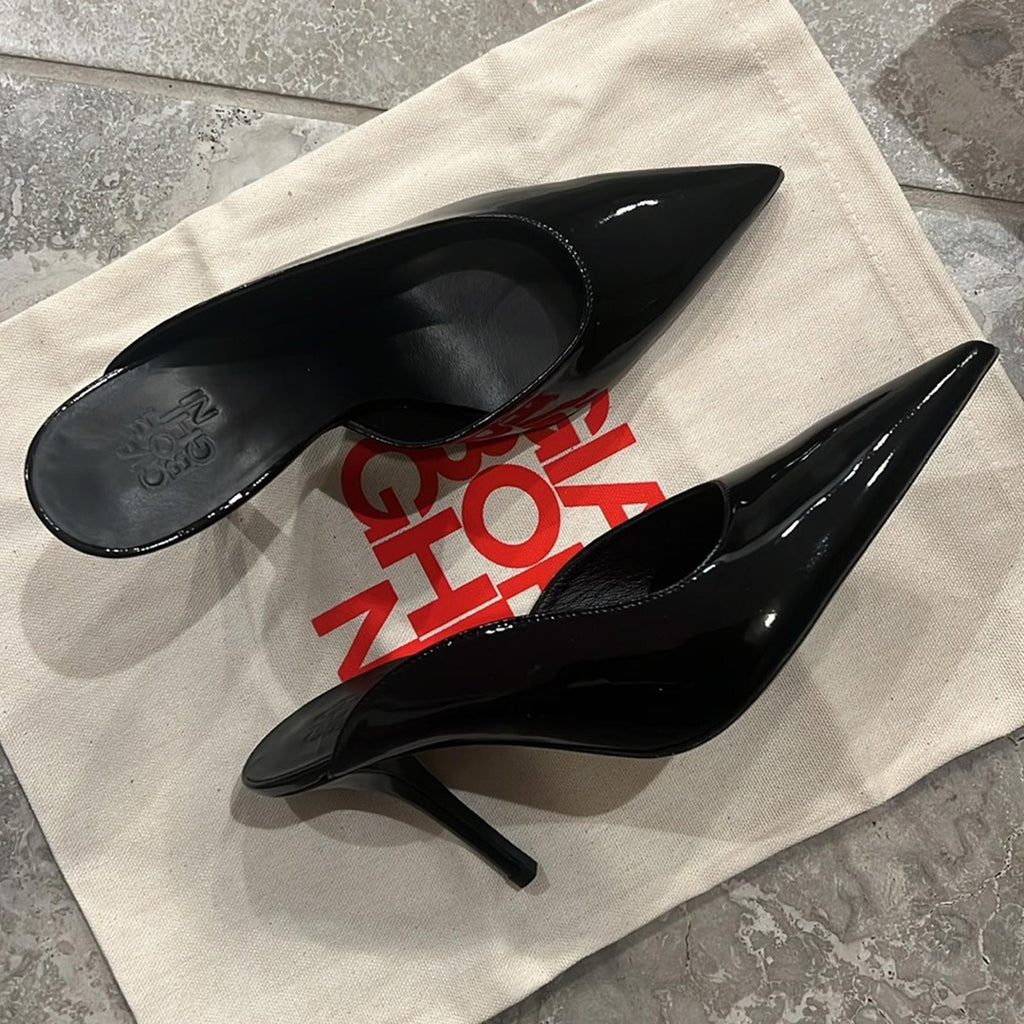 Gia Borghini Abella Patent Pointed Toe High Heel Mules Black Size 37 New+DustBag