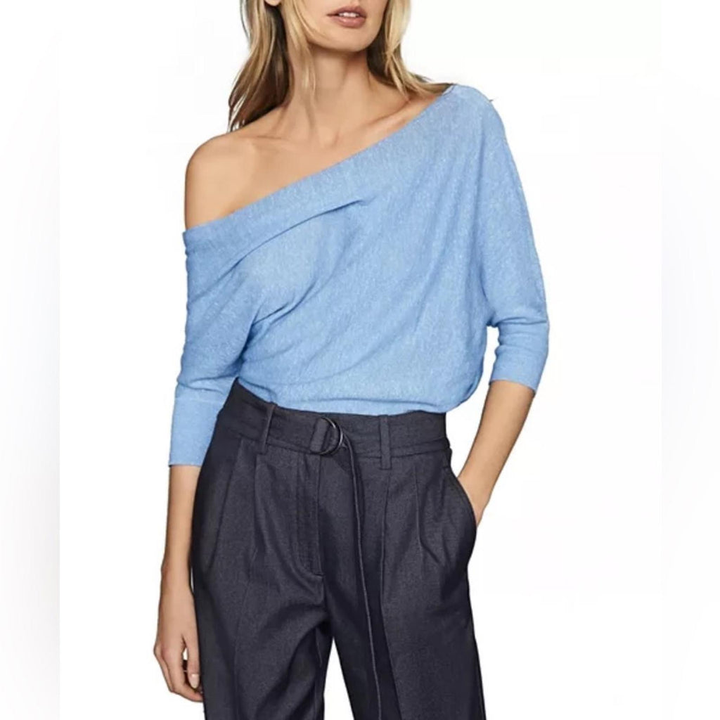 REISS Flo Draped One-Shoulder Top in Aqua Blue, Size S New w/Tag Retail $220