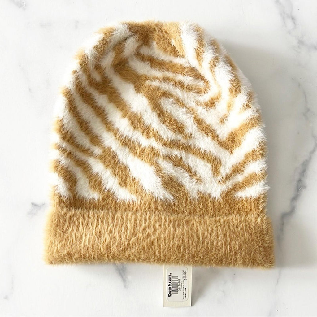 NEW Fur Animal Print Beanie Hat, Tan & White New w/Tag