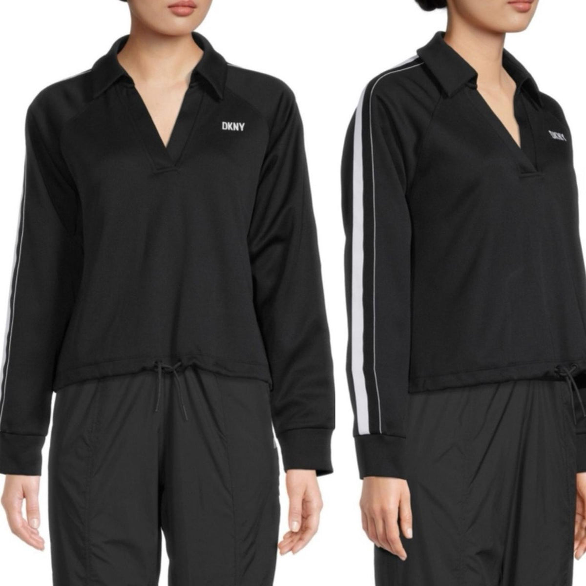 DKNY SPORT Tape Sleeve Drawstring Hem Pullover Top, Black Size XL New w/o Tag