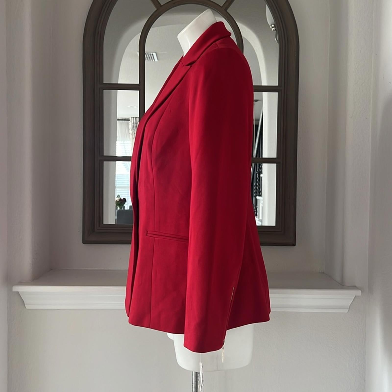 Kasper Zip Cuff Notched Collar One-Button Blazer in Red Petite Size 10, New $129