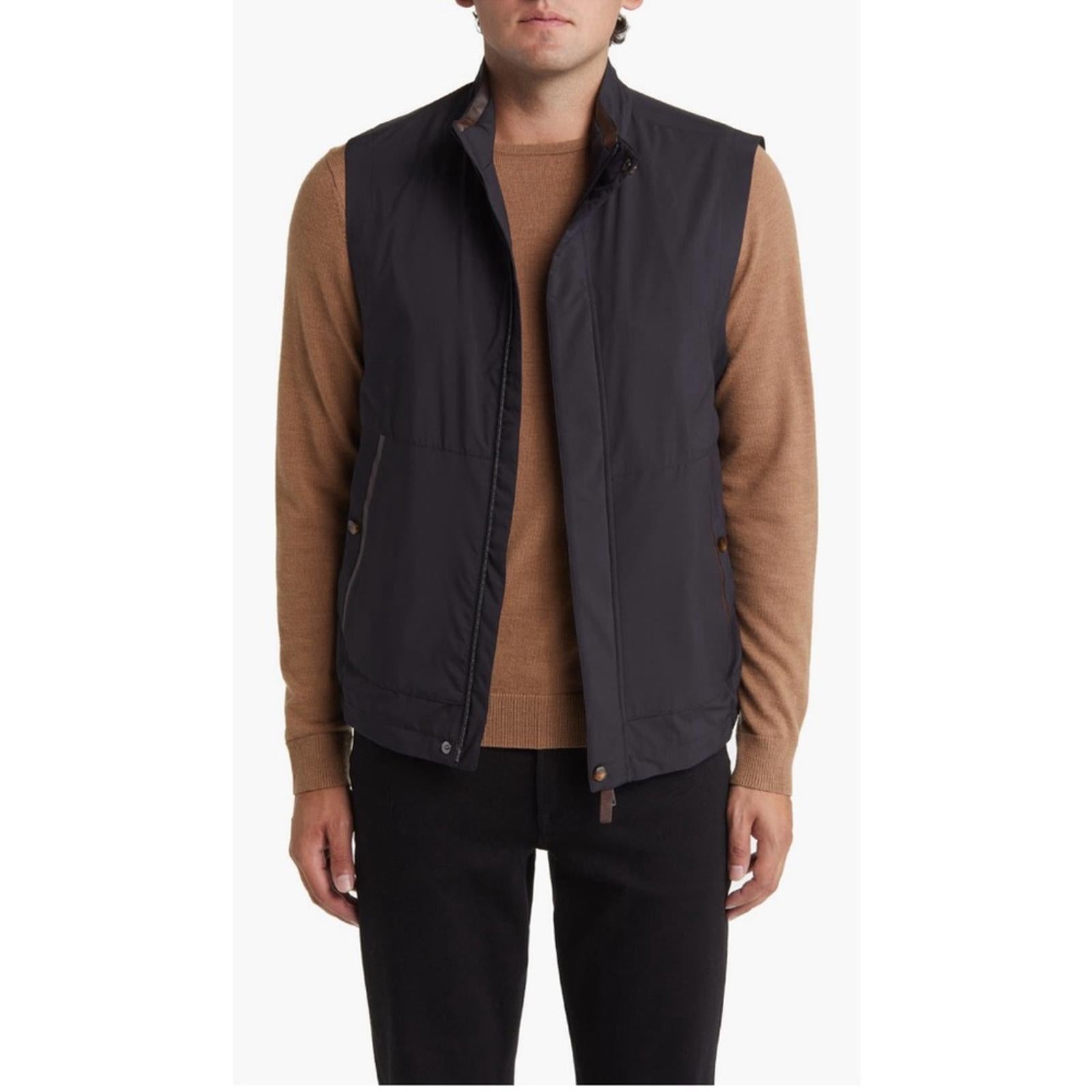 CANALI Rain & Wind Tech Padded Shell Gilet Zip Vest Navy, Size US 32 | EU 48 NEW
