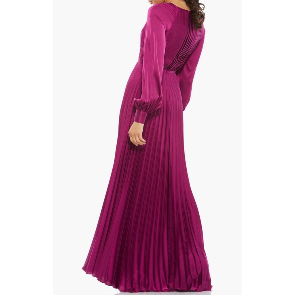 Mac Duggal IEENA Pleated Long Sleeve Satin Gown, Purple Size 8 New w/Tag $498