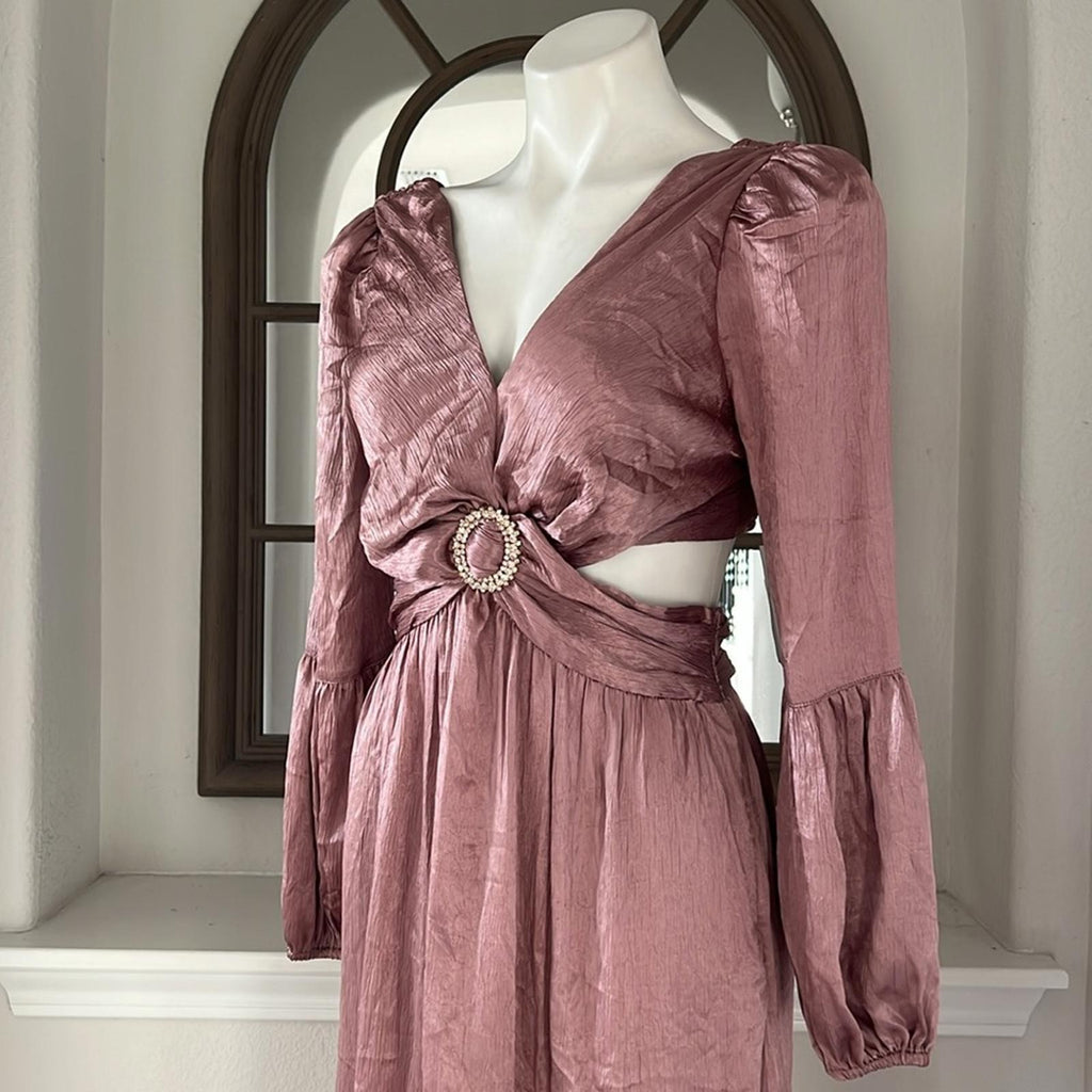RAHI Luster "Leila" Midi Dress w/ Long Sleeve in Rose, Size S New w/Tag $186