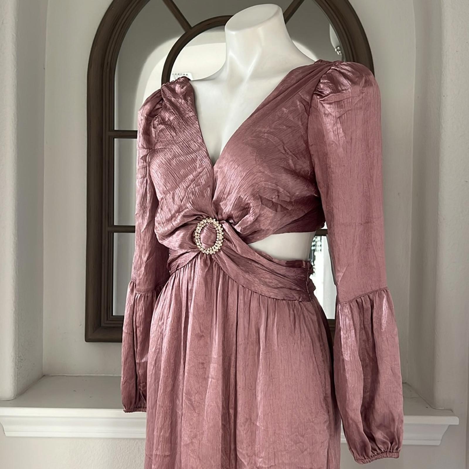 RAHI Luster "Leila" Midi Dress w/ Long Sleeve in Rose, Size S New w/Tag $186