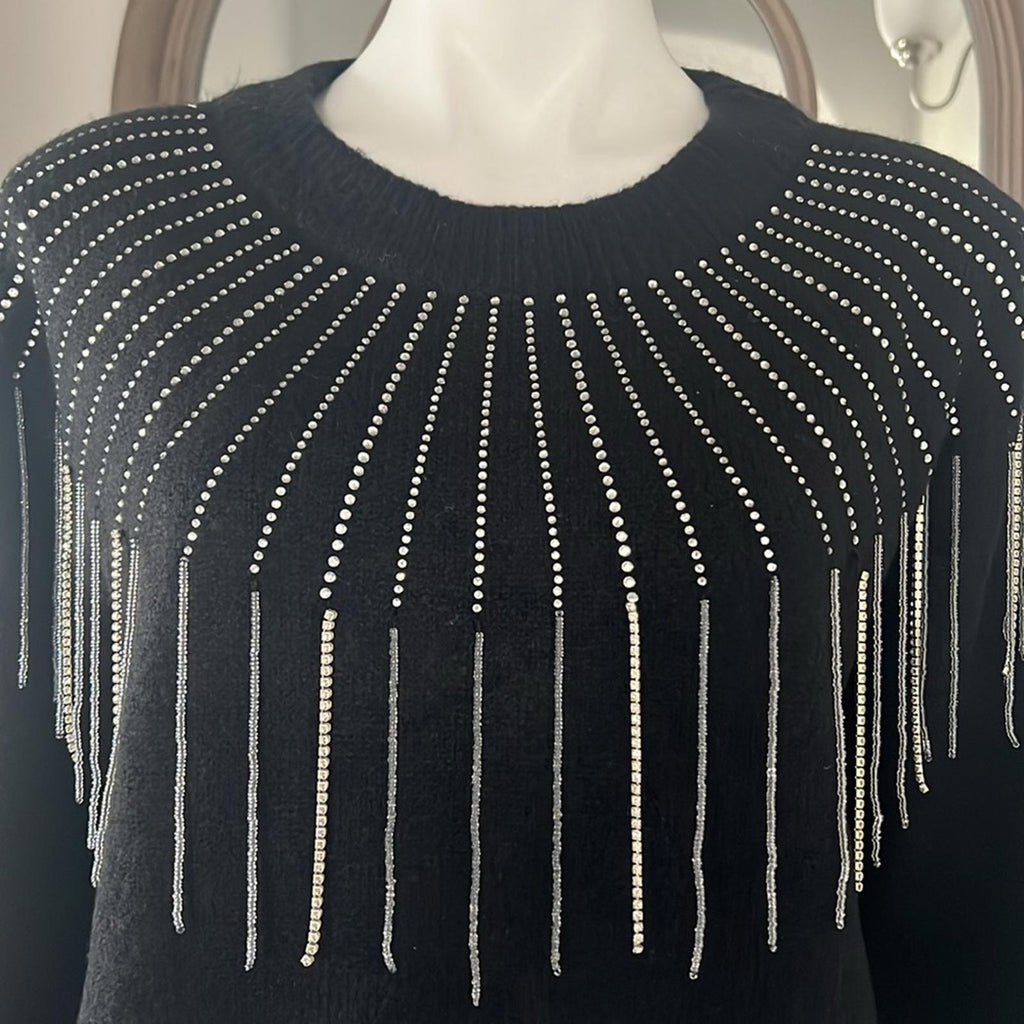 NEW Aqua Rhinestone Fringe Sweater in Black, Size S New w/Tag