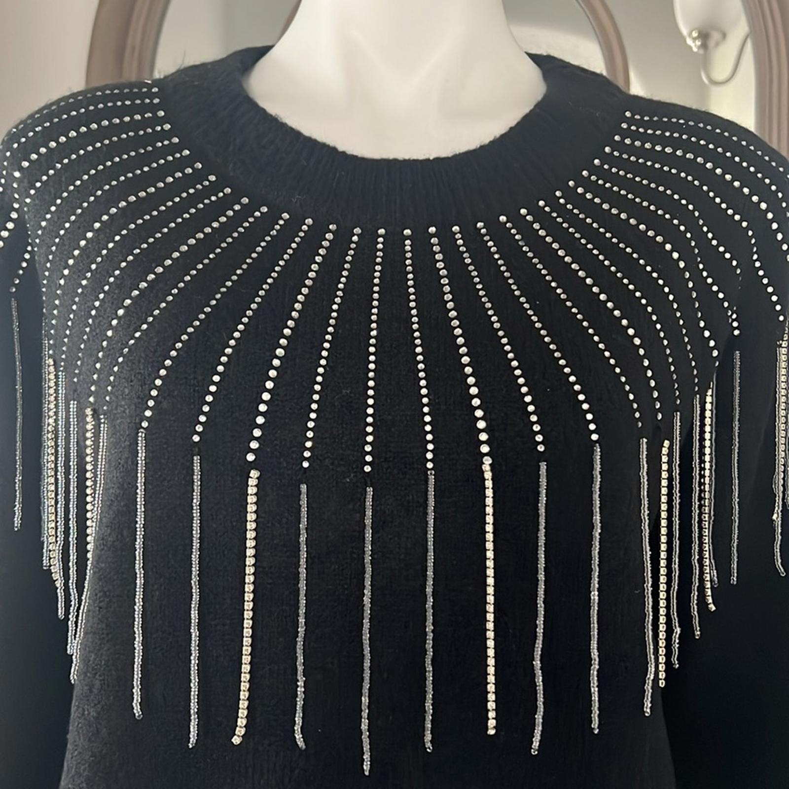 NEW Aqua Rhinestone Fringe Sweater in Black, Size S New w/Tag