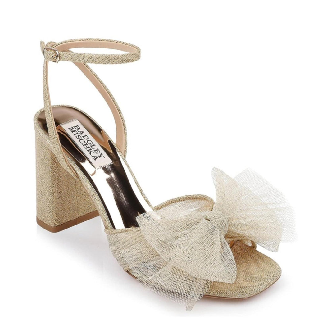 Badgley Mischka Tess Tulle Bow Block Heel Sandals in Gold Size 11 New in Box