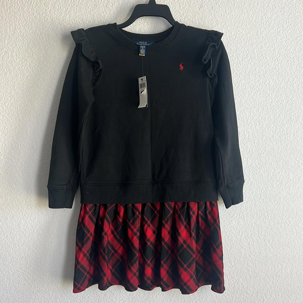 Polo by Ralph Lauren Plaid Fleece Black Sweatshirt Dress Size L(12-14) NEW w/Tag