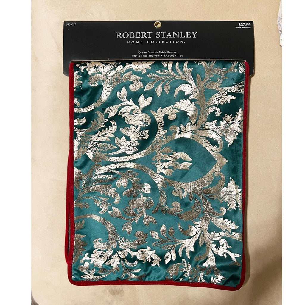 NWT Robert Stanley Green Damask Table Runner 72” X 14” New w/Tag Retail $37.99