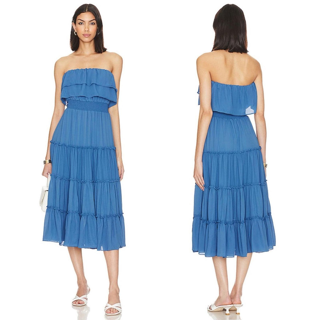 1.STATE x Revolve Strapless Ruffle Tiered Dress in Capris Blue, Size M New w/Tag