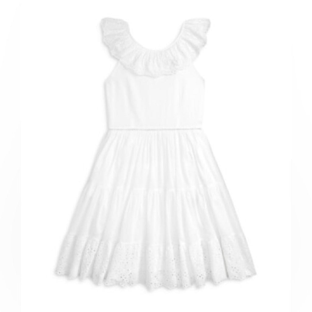 Polo Ralph Lauren White Tonal Eyelet Trim Day A-Line Dress, Size 14, NWT