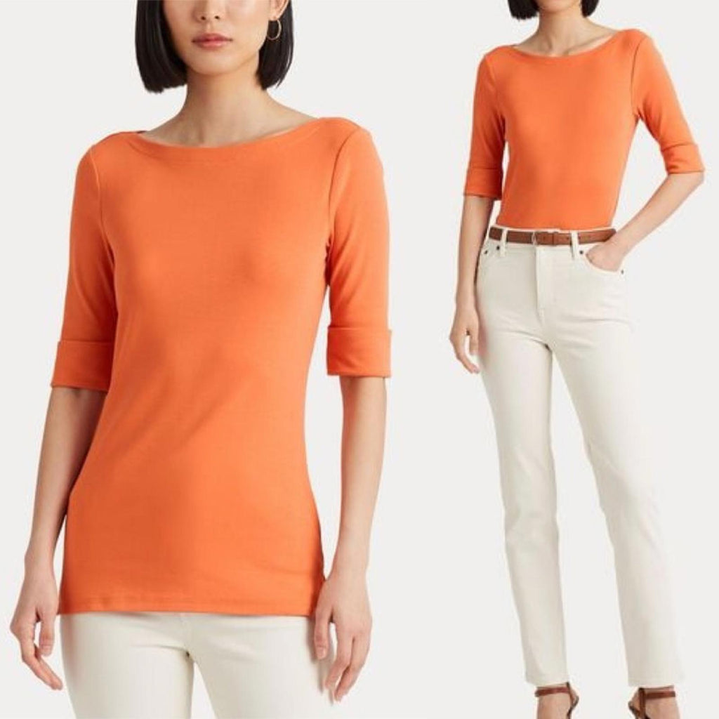 Ralph Lauren Plus Size Boatneck Elbow-Sleeve Top, Boatneck Orange Size 2X NEW