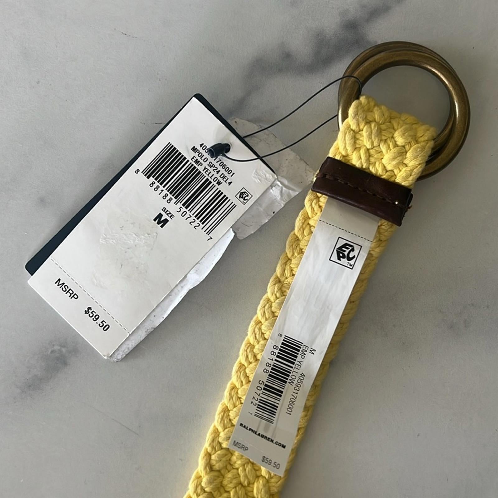 Polo Ralph Lauren Leather-Trim Cotton Braided Belt in Yellow Fin, NWT, Size M