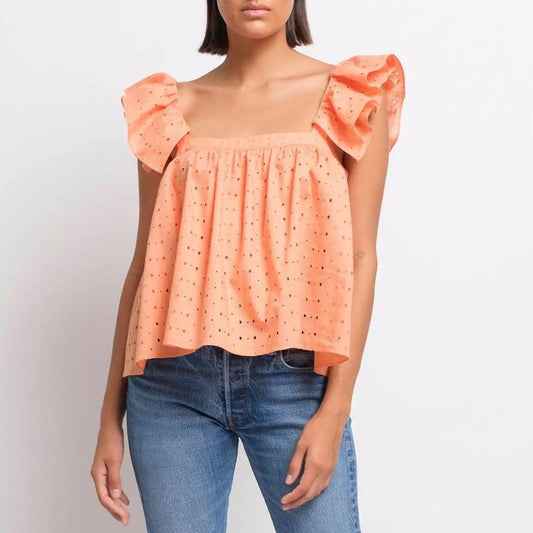 Katharine Kidd Double Ruffle Square Neck Sleeves Top, Peach Size M New w/Tag