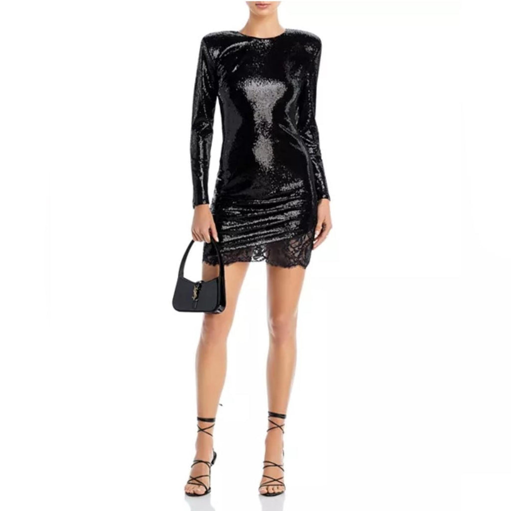 L'Agence Alba Sequin Lace Trim Mini Dress in Black, New w/Tag Retail $495