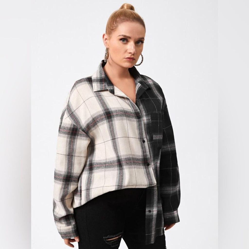 NEW LOOK Plaid Button Up Shirt in Black & White Size 1X New w/Tag