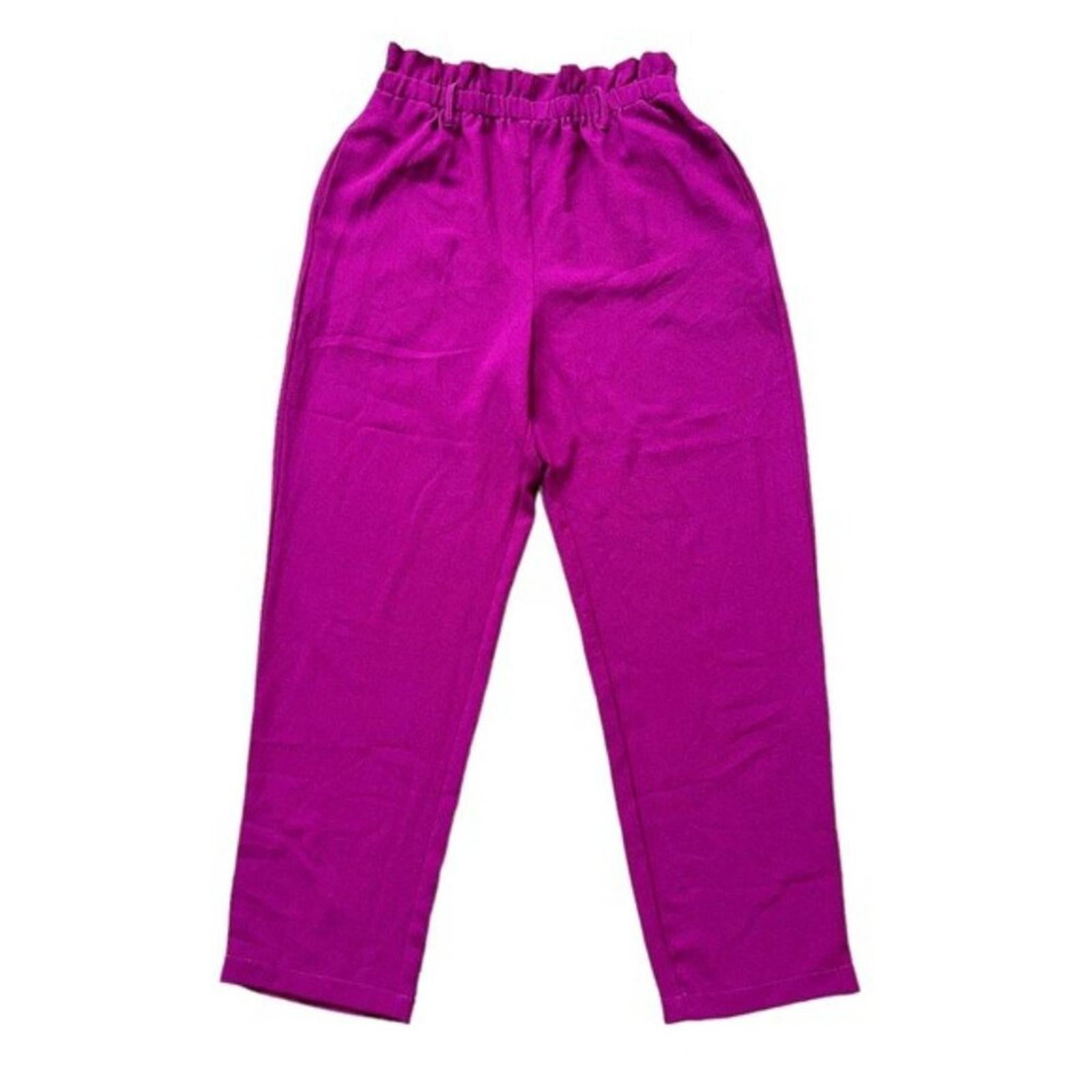 June & Hudson Belted Paper Bag High-Waisted Pants in Fuschia, Size L EXCELLENT